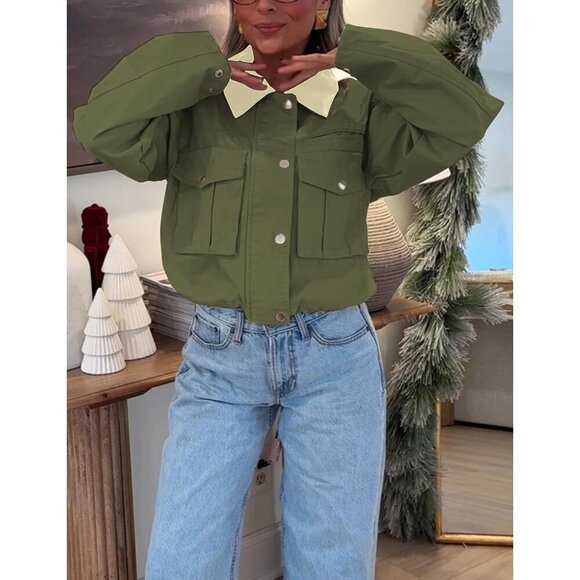 Women Army green Cropped Utility Cargo Coat Contrast Collar Barn Outwear - Picture 5 of 6